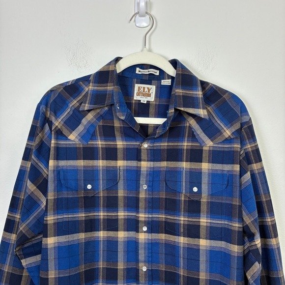 Ely Cattleman Blue Plaid Western Pearl Snap Shirt Men's Medium Cowboy Retro - Picture 2 of 8